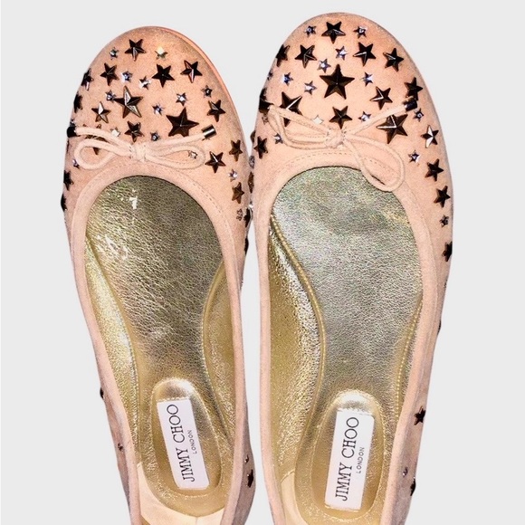 Jimmy Choo 38 / 7.5 US Tan Willow ballerina flats rounded toe star studded suede - Picture 1 of 3